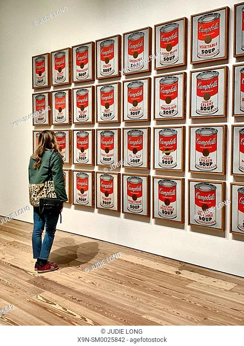 Woman Admiring Andy Warhol's Campbell's Soup Paintings. New York, NY, USA