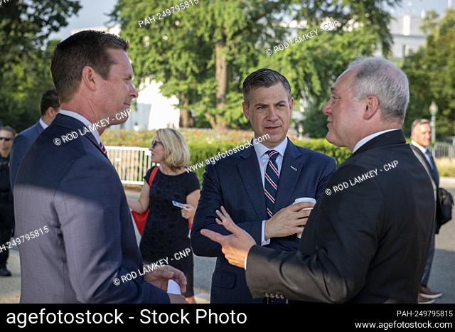 United States House Minority Whip Steve Scalise (Republican of Louisiana), right, talks with United States Representative Jim Banks (Republican of Indiana)