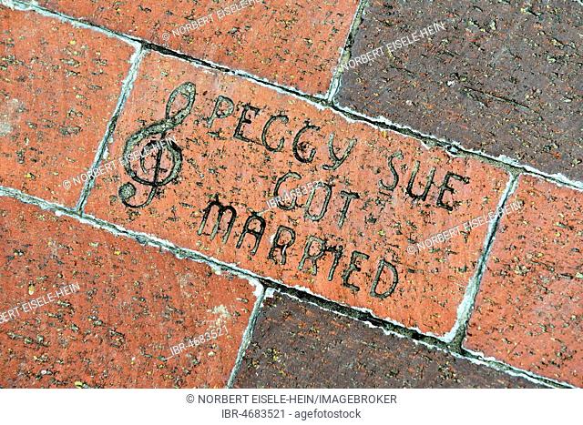 Walk of Fame, Peggy Sue song by Buddy Holly immortalized in floor tile, Lubbock, Texas, USA