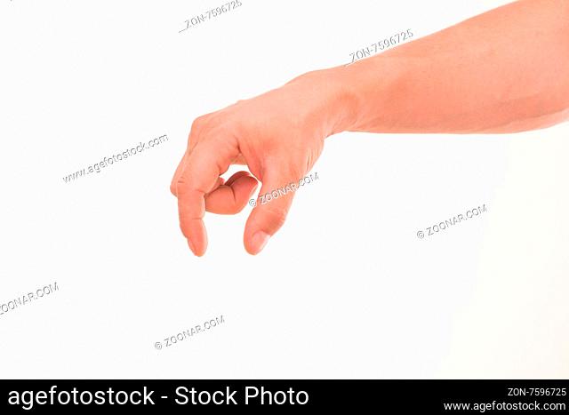 Man#39;s hand holding something like a blank card or smart phone isolated on white background