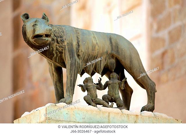 Sculpture of the capitoline she-wolfe of the legend of Romulus and remus in the Piazza Campidoglio. Rome. Italy