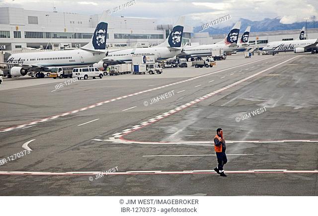 A worker guides an aircraft leaving the Anchorage Airport, Anchorage, Alaska, USA