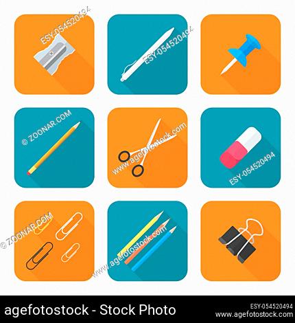 vector color flat design various stationery icons set long shadow