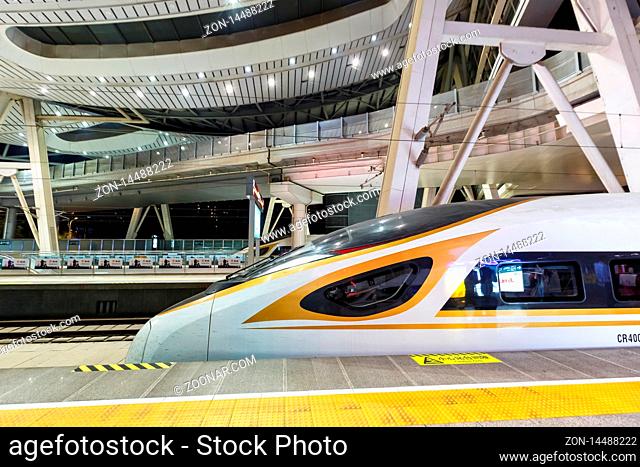 Beijing, China ? September 29, 2019: Fuxing high-speed train at Beijing South railway station in China