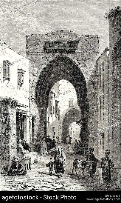 Daily life on a Jerusalem street in the nineteenth century, Israel. Old 19th century engraved illustration Travel to Jerusalem by Alphonse de Lamartine from El...