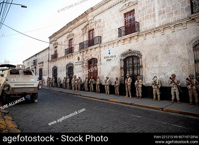 14 December 2022, Peru, Arequipa: Public facilities are guarded by the military. The government in Peru has declared a state of emergency across the country in...