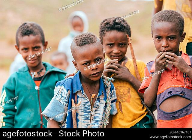 AMHARA REGION, ETHIOPIA, APRIL 22.2019, Group of Ethiopian boys spending free time by the road from Gondar. Amhara Region, Ethiopia, April 22. 2019