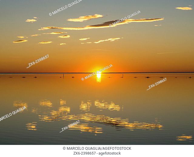 Sunrise at Alfacs Bay. Ebro River Delta Natural Park, Tarragona province, Catalonia, Spain