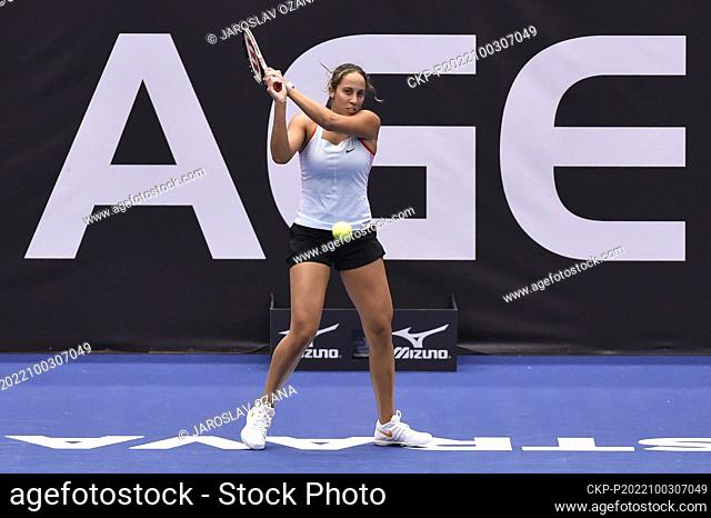 Madison Keys of USA in action during the women's tennis tournament WTA Agel Open 2022 match against Elena Rybakina of Kazakhstan in Ostrava, Czech Republic
