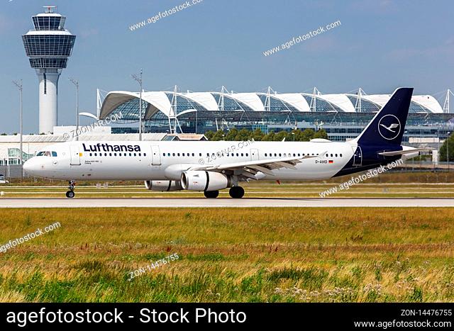 Munich, Germany ? July 20, 2019: Lufthansa Airbus A321 airplane at Munich airport (MUC) in Germany