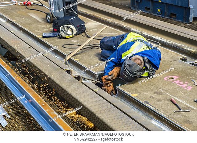 Repairing rail tracks in Moerdijkbrug (Moerdijk bridge). Netherlands