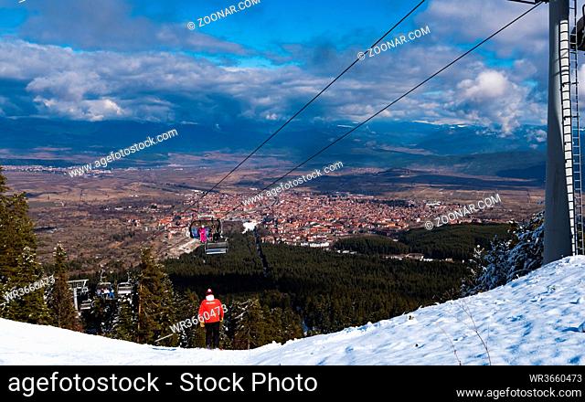 Bulgaria. Bansko. 10 February 2020.Ski resort in Bansko. Snowy ski slopes and chair ski lifts station in winter mountain ski resort