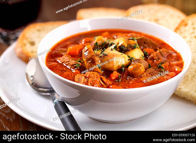 Hot Stew Bowl with Mushrooms. High quality photo