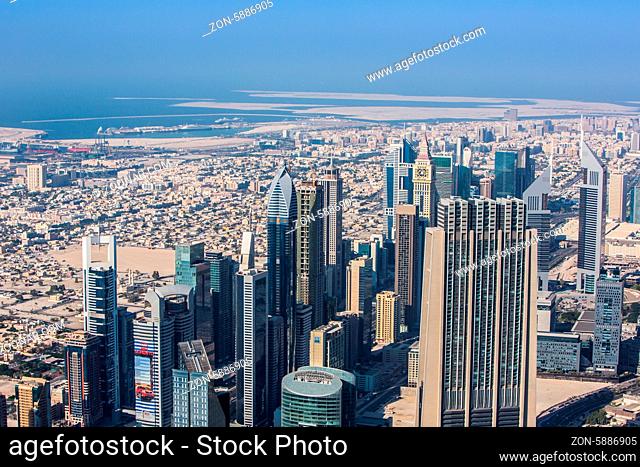 DUBAI, UAE - NOVEMBER 14 : Dubai downtown day scene. Aerial view. Luxury new high tech town in middle East, United Arab Emirates architecture on November 14