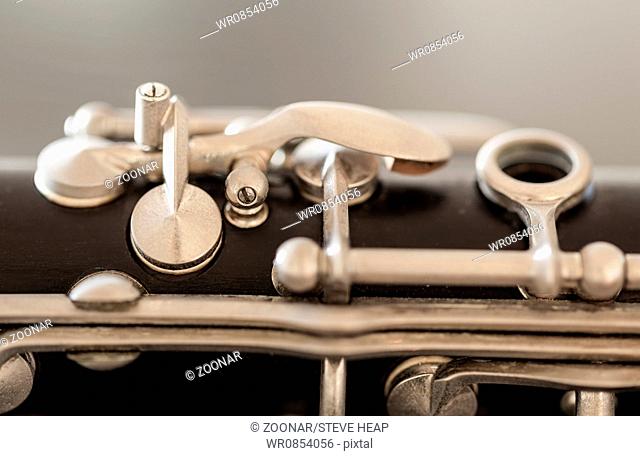 Macro image of keys and pads of clarinet