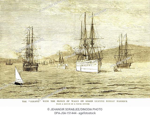 The serapis with the prince of Wales on a board leaving Bombay harbour ; 1st January 1876 ; Bombay now Mumbai ; Maharashtra ; India