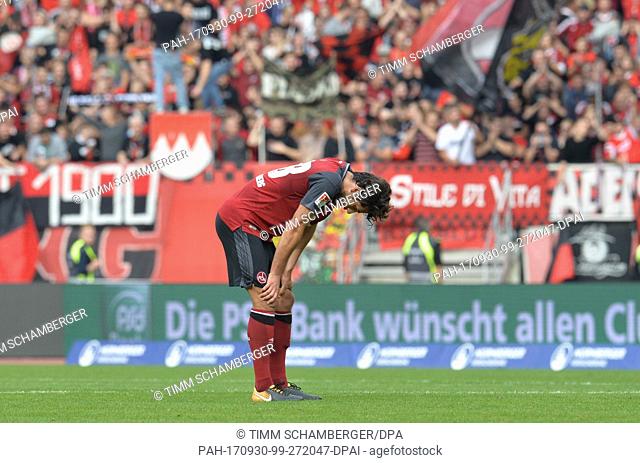 Nuremberg's Lukas Muehl is disappointed after the German 2nd Bundesliga match between 1st FC Nuremberg and Arminia Bielefeld in Nuremberg, Germany