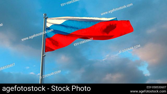 3d rendering of the national flag of the Russia in the evening at sunset against a background of beautiful clouds