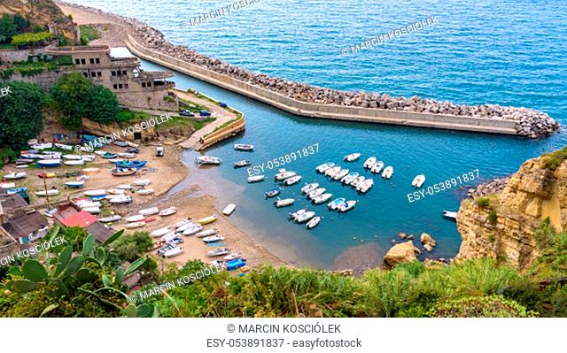 Aerial view of small boat pier in Pizzo, Calabria, Italy