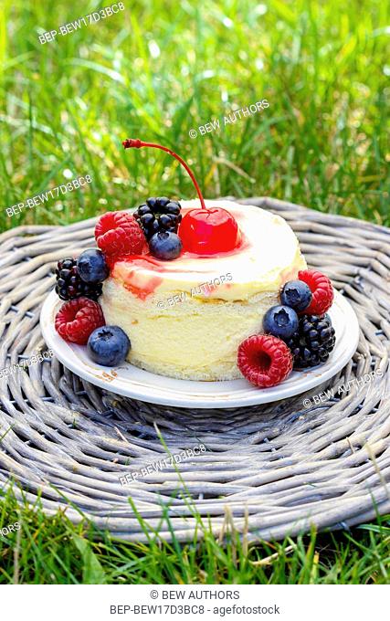 Round vanilla cake decorated with fresh fruits. Garden party