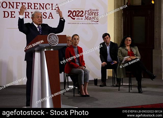 MEXICO CITY, MEXICO - MARCH 10, 2022: Mexican President Andres Manuel Lopez Obrador during his daily morning news conference at the National Palace in Mexico...