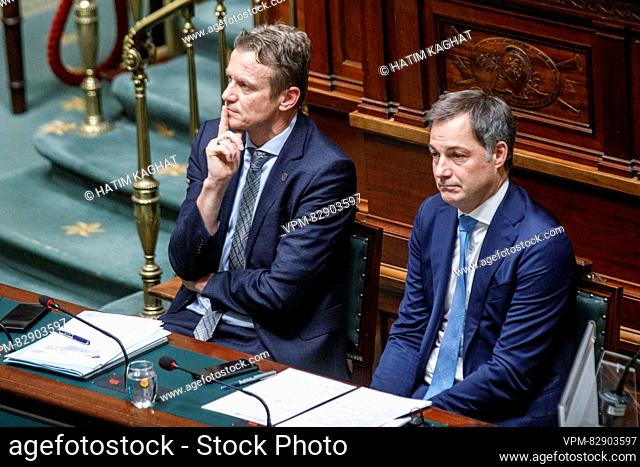 Minister of Justice Paul Van Tigchelt and Prime Minister Alexander De Croo pictured at a plenary session of the Chamber at the Federal Parliament in Brussels on...