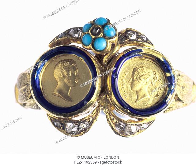 A gold ring, with portraits of Queen Victoria and Prince Albert, 1840. The bezel is formed of miniature medals of Victoria and Albert