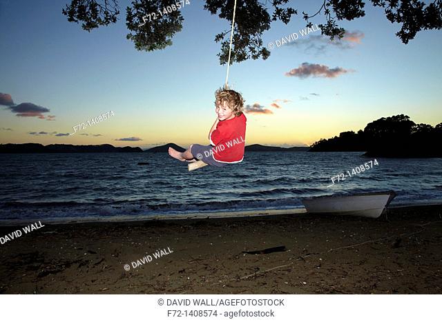A young boy on a rope swing at dusk under a Pohutukawa tree at Oamaru Bay, Coromandel Peninsula, North Island, New Zealand