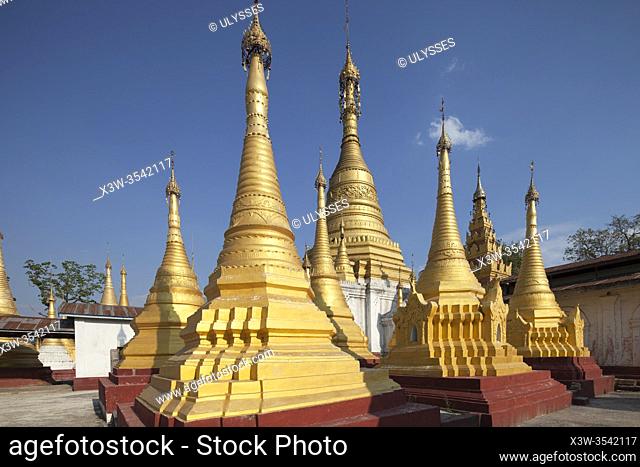 Stupas of Paw Ri Tha monastery, Nyaungshwe area, Inle lake, state of Shan, Myanmar, Asia