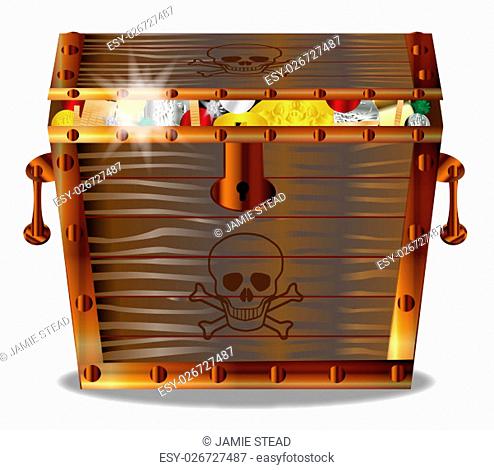 A full wooden pirates treasure chest isolated over a white background