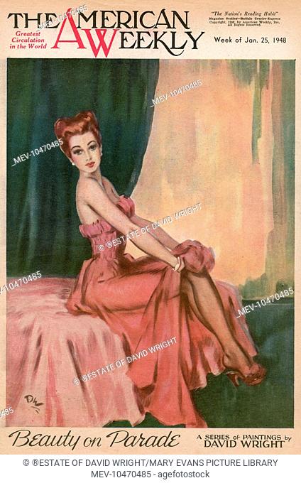 Elegant woman with red hair, wearing a low-cut pink evening dress. She is sitting on the edge of her bed, pulling up her stockings