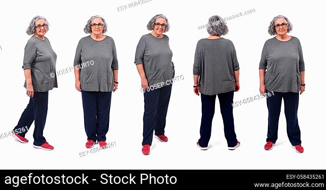 the same woman in sportswear with various poses on white background