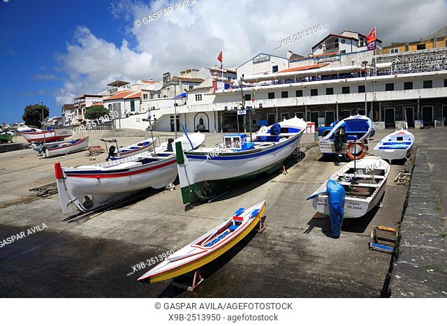 Small fishing boats in the harbour of Vila Franca do Campo, Azores islands, Portugal