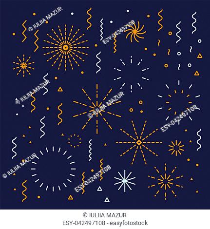 Fireworks lineal easy editable set with petard, stars. Festival vector holiday design shapes colorful collection