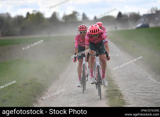 Belgian Jens Keukeleire of EF Education-EasyPost pictured in action during preparations ahead of the 119th edition of the 'Paris-Roubaix' one day cycling race