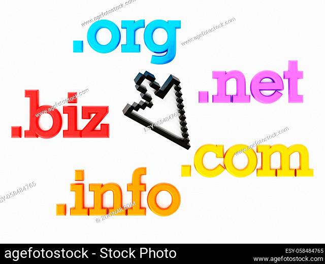 Domain names and cursor isolated on a white background. 3D illustration
