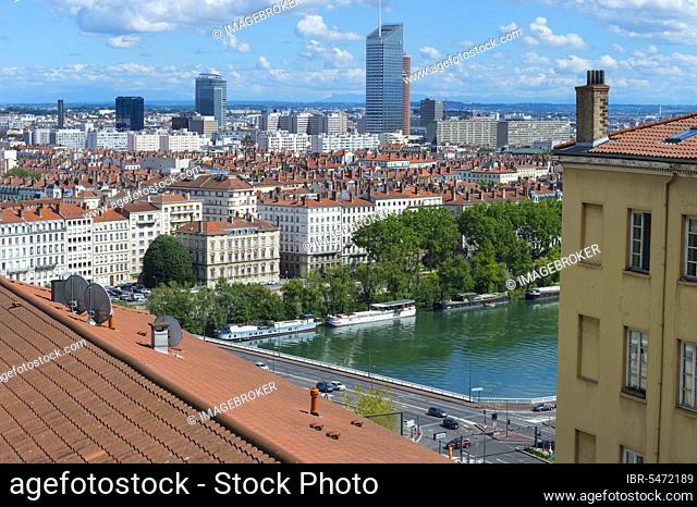 Lyon and the Rhone seen from La Croix Rousse, Bellevue Square, Rhone Alpes, France, Europe