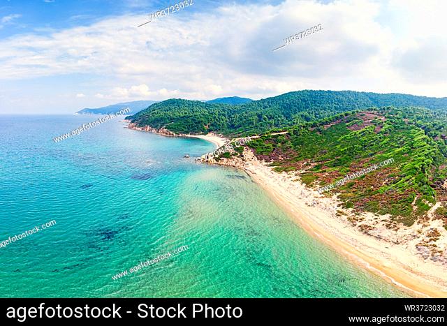 The beaches Elias and Agistros of Skiathos island from drone view, Greece