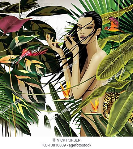 Nude woman in tropical setting