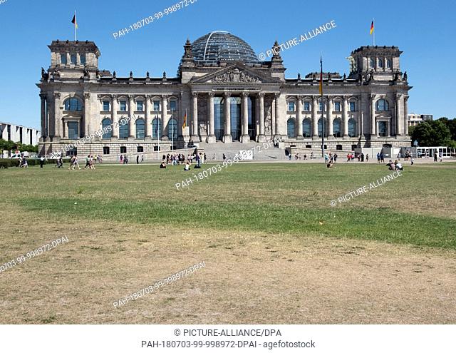 03 July 2018, Germany, Berlin: Dry grass outside Reichstag building after a prolonged period of dry weather. Photo: Paul Zinken/dpa