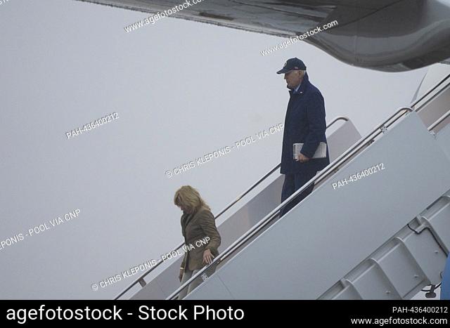 United States President Joe Biden and first lady Dr. Jill Biden deplane from Air Force One at Joint Base Andrews, enroute The White House after spending the...