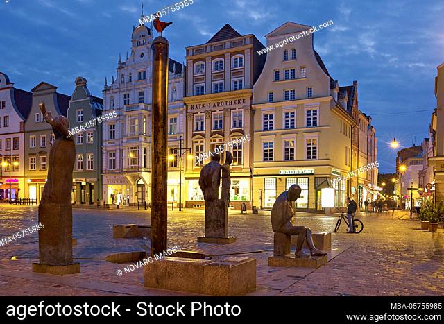 Houses on the Neuer Markt with Neptune Fountain in Rostock, Mecklenburg-West Pomerania, Germany
