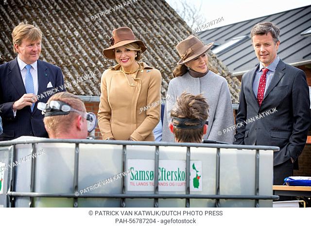 King Willem-Alexander (L) and Queen Maxima (2ndL) of The Netherlands and Crown Prince Frederik (R) and Crown Princess Mary (back) of Denmark visit Samso Island