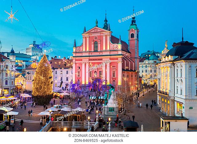 Romantic Ljubljana#39;s city center decorated for Christmas holiday. Preseren#39;s square, Ljubljana, Slovenia, Europe. Horizontal composition