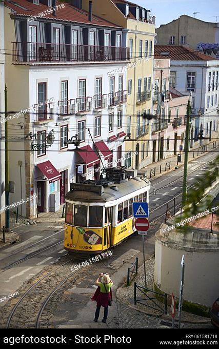 Yellow Tram in Alfama, Lisbon, Portugal