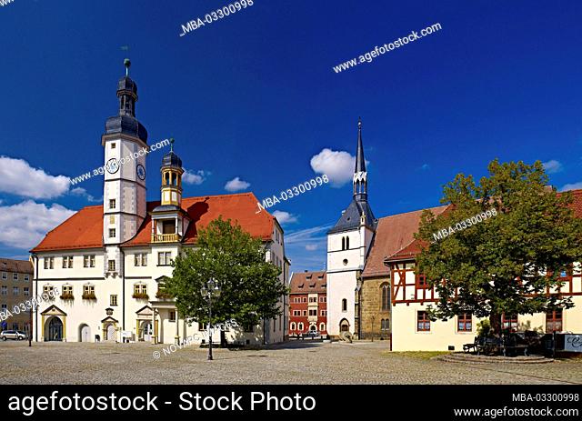 Town hall and Peterskirche at the market in Eisenberg, Thuringia, Germany