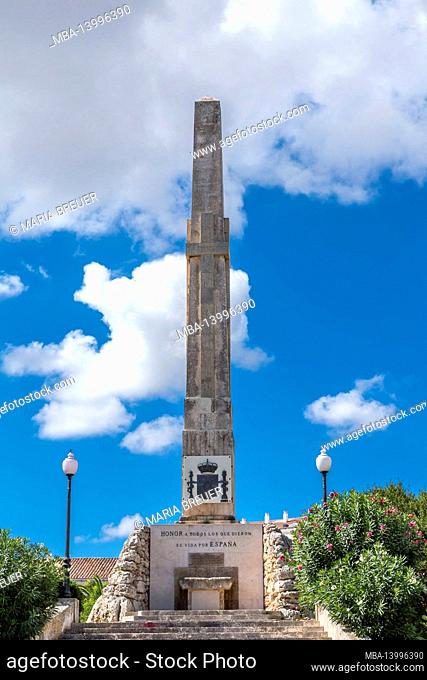 monument with cross and lettering to the spanish fallen, monument a los caidos, honor a todos los que dieron su vida por espana, placa de s'esplanada, mahon