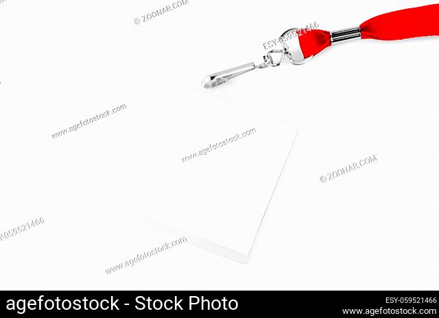 Blank bagde mockup isolated on white background. Nametag with red ribbon and transparent plastic paper holder