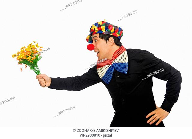 Funny clown with flowers isolated on white, Stock Photo, Picture And  Royalty Free Image. Pic. WR2905147 | agefotostock