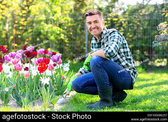 man with scoop taking care of flowers at garden